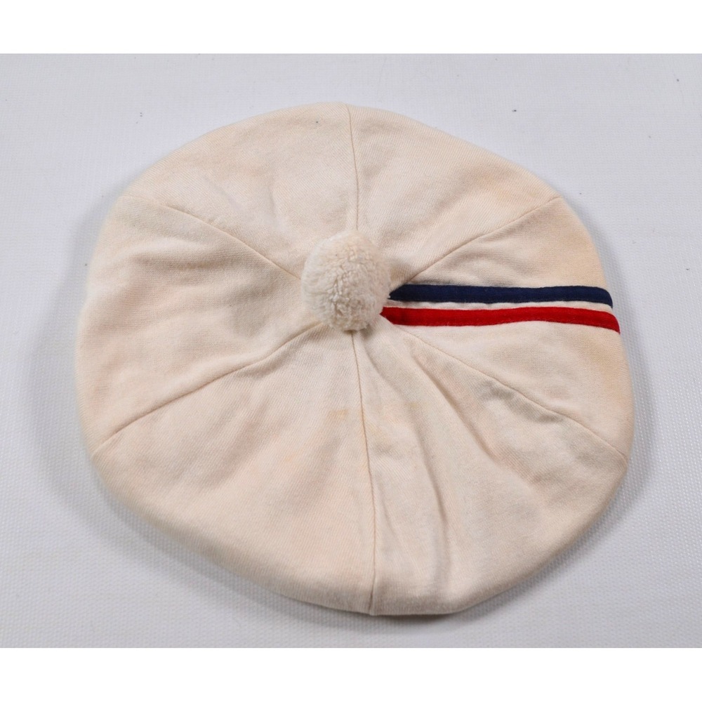 Vintage Buster Brown Beret Pom Pom Hat Retro 60s Off White Red & Blue Stripes